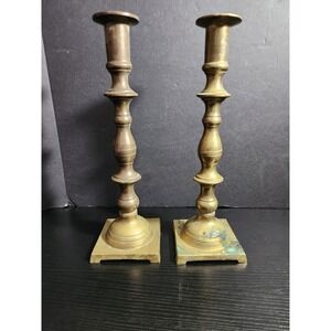 Vintage 12 inch Brass Candlesticks Square Base Pedestal Pair Made in Hong Kong‎